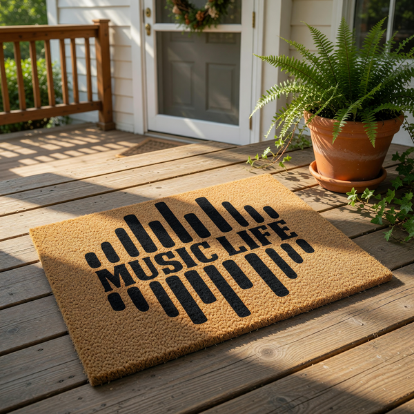 Music Life doormat featuring a black sound wave graphic on a natural coir fiber welcome mat, perfect for a musician home entrance or music room decor, this durable outdoor floor mat adds a stylish touch to any entryway or porch.