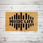 Music Life doormat featuring a black sound wave graphic on natural coir fiber, this stylish welcome mat is a fun home decor piece for musicians and music lovers looking for a unique front porch entrance rug for their house or