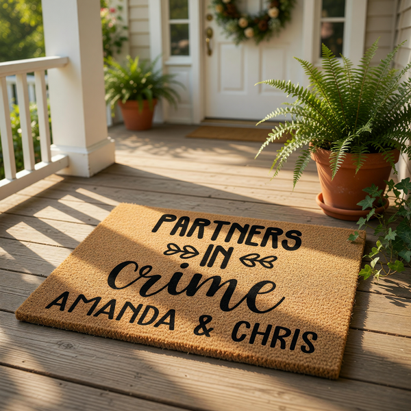 Personalized Partners in Crime coir doormat for couples, featuring a durable natural fiber welcome mat with custom names printed in black, ideal for a funny housewarming entry rug or a unique wedding gift for a new home.