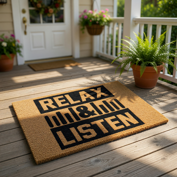 Relax and Listen music doormat featuring a bold black text design on a natural coir fiber welcome mat, perfect for a music lover home entrance, front porch decor, or a unique housewarming floor rug for any musician or audiophile.