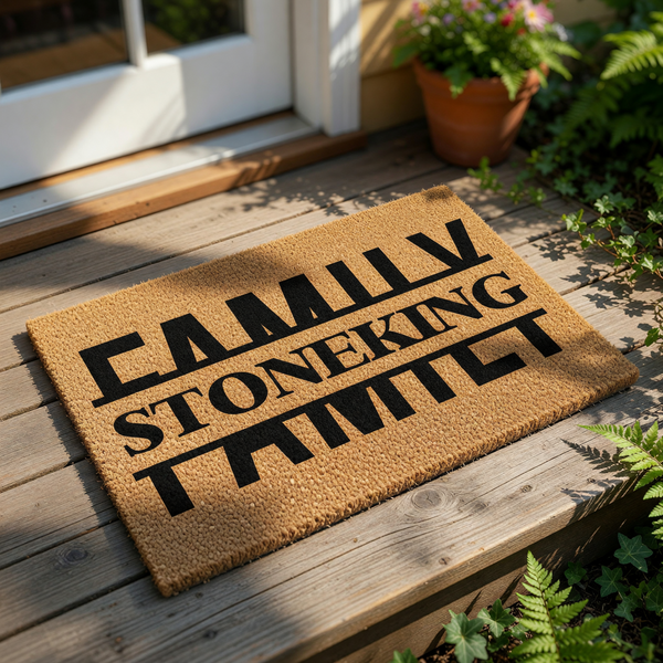 Personalized family name doormat featuring bold black text on a natural coir fiber mat, this custom outdoor welcome mat is a durable housewarming decor piece for your front porch entry, perfect for a new home or housewarming