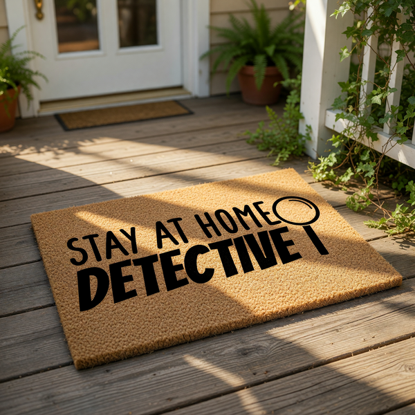 Stay at home detective doormat with a magnifying glass icon, featuring bold black text on a natural coir fiber welcome mat, perfect for a funny front porch entrance or a unique housewarming gift for mystery lovers and homebodies.