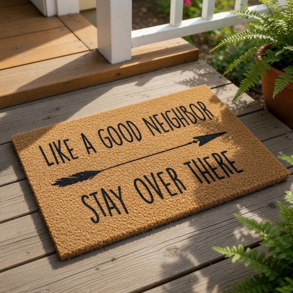 A textured doormat with the text "LIKE A GOOD NEIGHBOR STAY OVER THERE" printed on it.