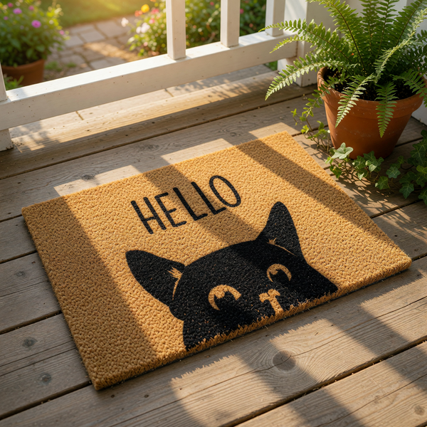 A black cat silhouette is featured on a beige carpet, with the word "HELLO" written above it.