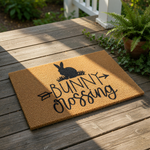 Bunny Crossing doormat featuring a cute rabbit silhouette and arrow design on natural coir fiber, perfect for a spring porch decor welcome mat or outdoor entrance rug that adds a fun touch to your home entryway during the Easter