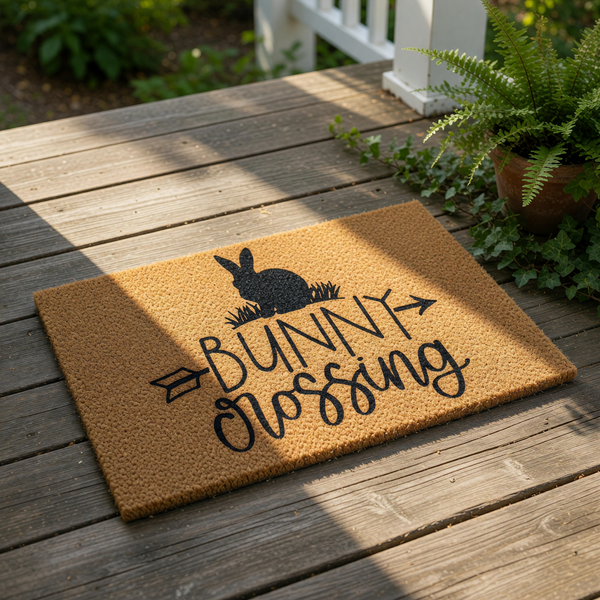 Bunny Crossing doormat featuring a cute rabbit silhouette and arrow design on natural coir fiber, perfect for a spring porch decor welcome mat or outdoor entrance rug that adds a fun touch to your home entryway during the Easter