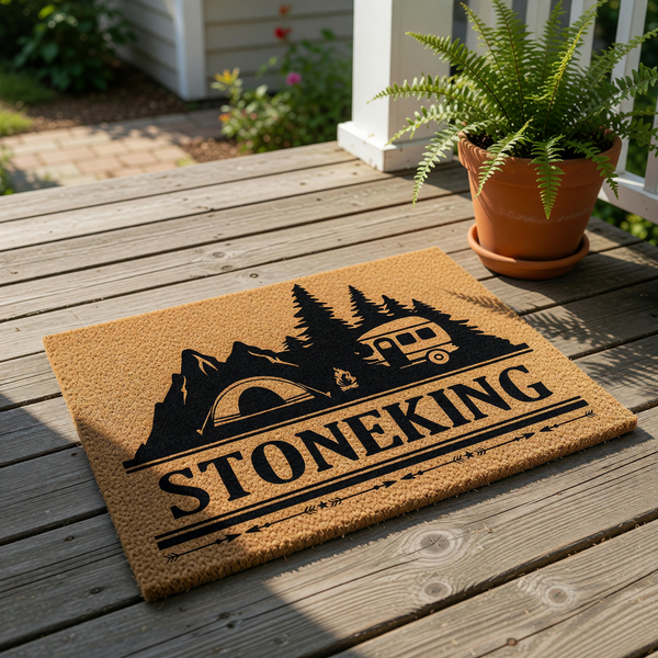 Personalized camping doormat featuring a mountain, tent, and camper van design on natural coir fiber.