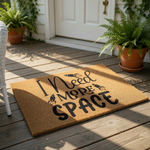 Funny space themed doormat with rocket ship icons and text reading I Need More Space, placed on a front porch wood deck.