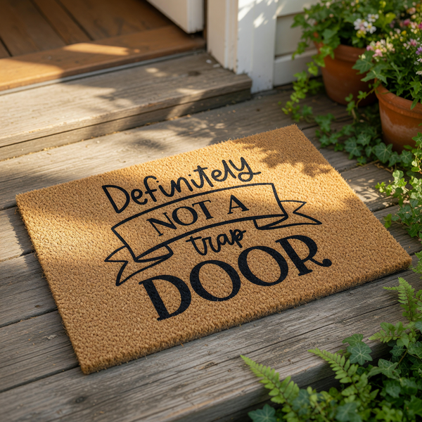 Funny doormat with the text Definitely Not A Trap Door printed in black on a natural coir fiber welcome mat, perfect for a humorous entryway rug or front porch decor that adds a playful touch to your home entrance and