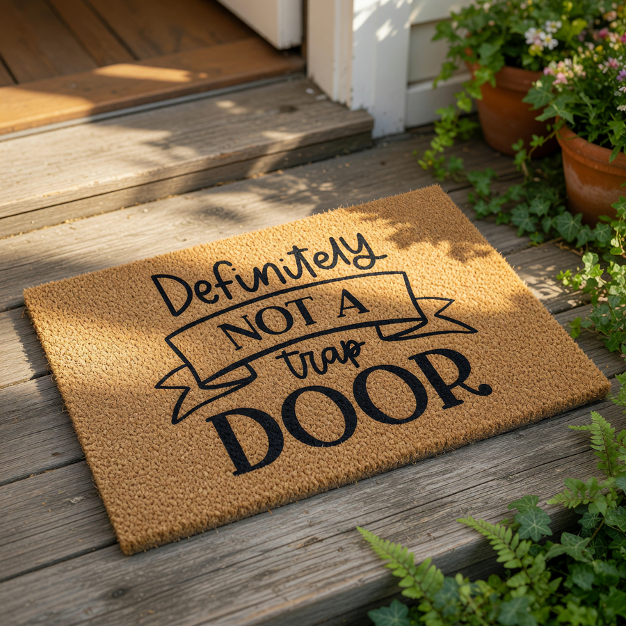 Funny doormat with the text Definitely Not A Trap Door printed in black on a natural coir fiber welcome mat, perfect for a humorous entryway rug or front porch decor that adds a playful touch to your home entrance and