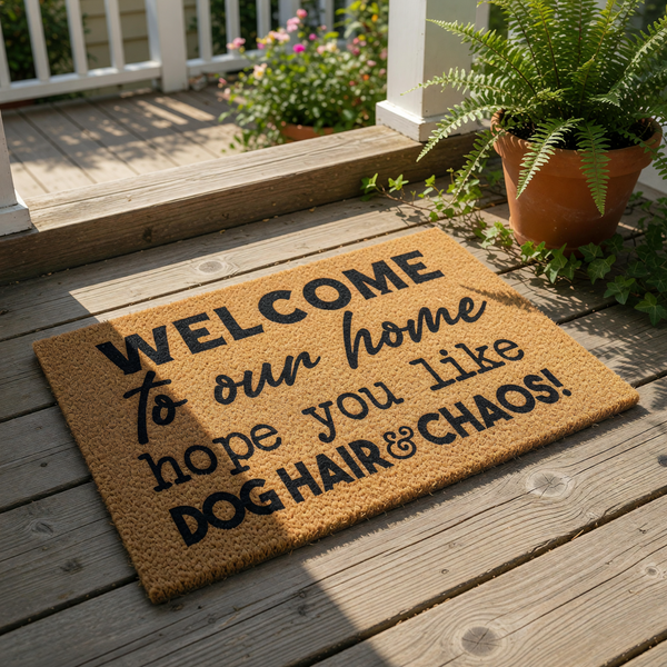Funny dog hair and chaos welcome doormat for pet lovers, featuring a natural coir fiber texture with bold black text that reads Welcome to our home hope you like dog hair and chaos, a perfect humorous front porch decor floor mat.