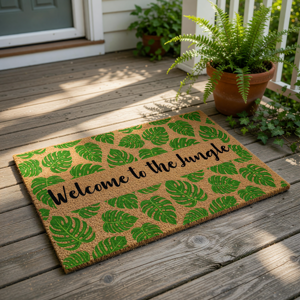 Welcome to the Jungle tropical leaf doormat featuring a natural coir fiber texture with vibrant green monstera plant leaves, making this outdoor welcome mat a stylish front porch decor piece for any plant lover or jungle themed