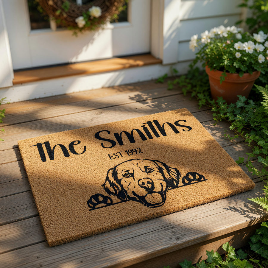Personalized Golden Retriever doormat featuring a custom family name and established year, this durable coir welcome mat displays a cute dog peeking over the edge for a charming entryway decor look for any dog lover home entrance.