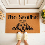 Personalized Golden Retriever doormat featuring a custom family name and established year, this durable coir welcome mat for front porch entryways showcases a cute dog illustration for pet lovers and home decor enthusiasts.