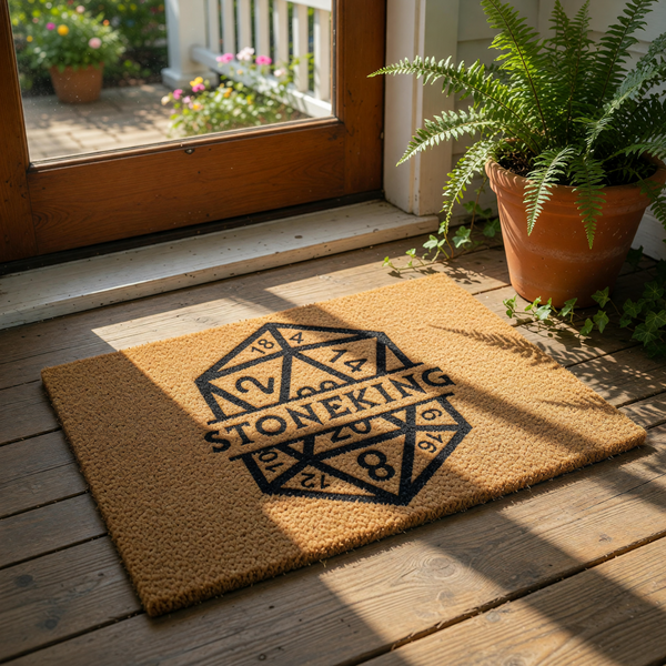 Tabletop gaming doormat featuring a twenty-sided die design on natural coir fiber, perfect for a gamer home entrance or porch decor.