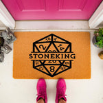 Personalized tabletop gaming doormat featuring a twenty-sided die design with custom family name text, this durable coir welcome mat is a fun home decor piece for any gamer living room or front porch entrance for fantasy roleplay