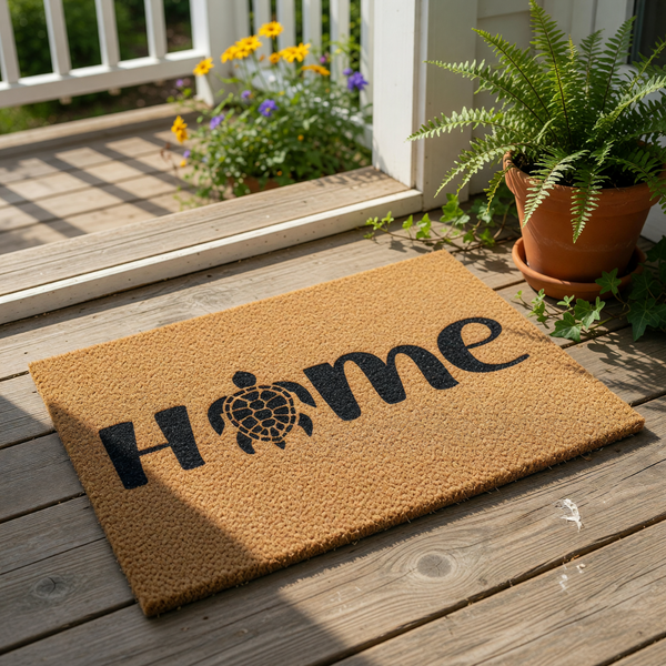 Sea turtle home doormat made of natural coir fiber, featuring a black printed design where the letter O is replaced by a detailed sea turtle silhouette, perfect for a coastal entryway, porch decor, or a beach house welcome mat.