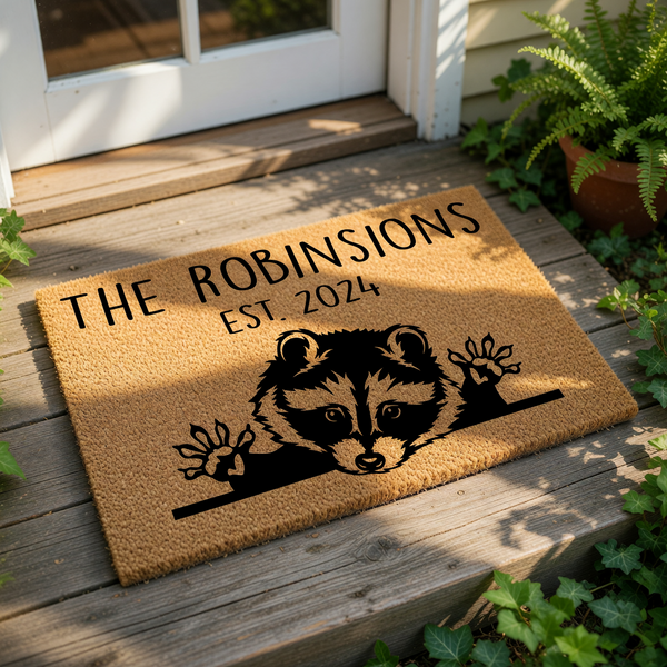 Personalized raccoon welcome doormat featuring a cute animal design on natural coir fiber, perfect for a custom family name entry rug or housewarming porch decor that adds a fun touch to your front door entrance and home entryway.
