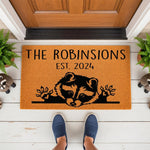 Personalized raccoon doormat for front porch entry, featuring a cute animal design on natural coir fiber.