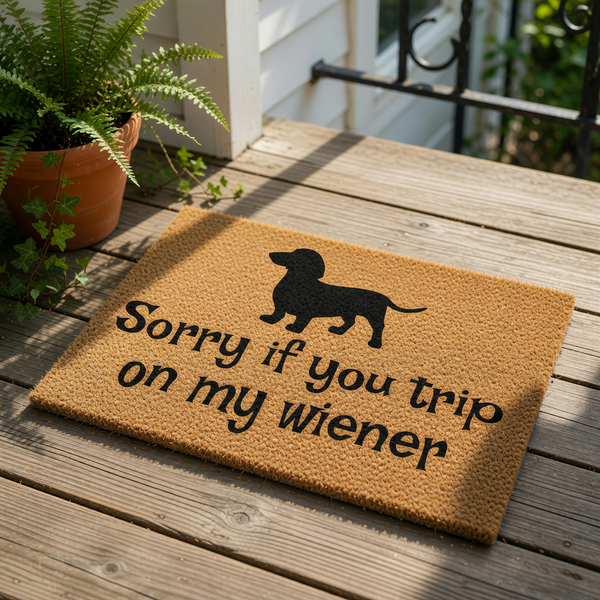 Dachshund welcome doormat with funny wiener dog quote on a natural coir fiber mat, featuring a black silhouette of a dog on a porch, perfect for dog lovers looking for a humorous outdoor entrance rug or funny front door decor.