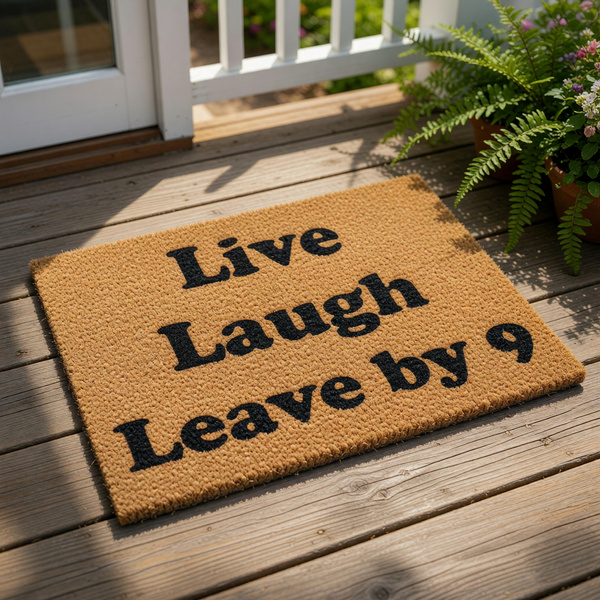 Funny doormat with the text Live Laugh Leave by 9 printed in bold black letters on a natural coir fiber welcome mat, perfect for a humorous front porch decor or a sarcastic housewarming entry rug for your home entrance.