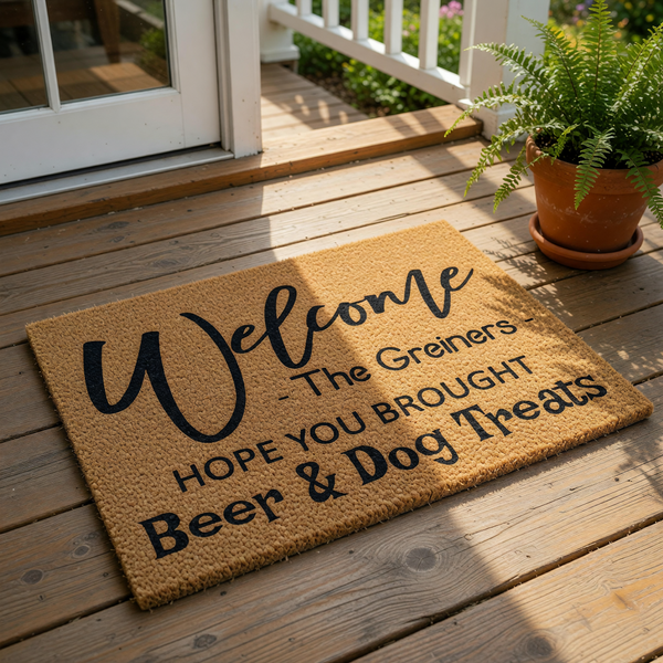 Personalized family name welcome doormat featuring funny text about beer and dog treats, this natural coir fiber entry rug is a durable outdoor floor mat for front porches and home entrances with a humorous custom housewarming