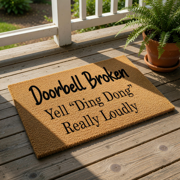 Funny Doorbell Broken doormat with text Yell Ding Dong Really Loudly, a natural coir fiber welcome mat for your front porch that serves as a humorous housewarming gift or a quirky outdoor entrance rug for any home entryway.
