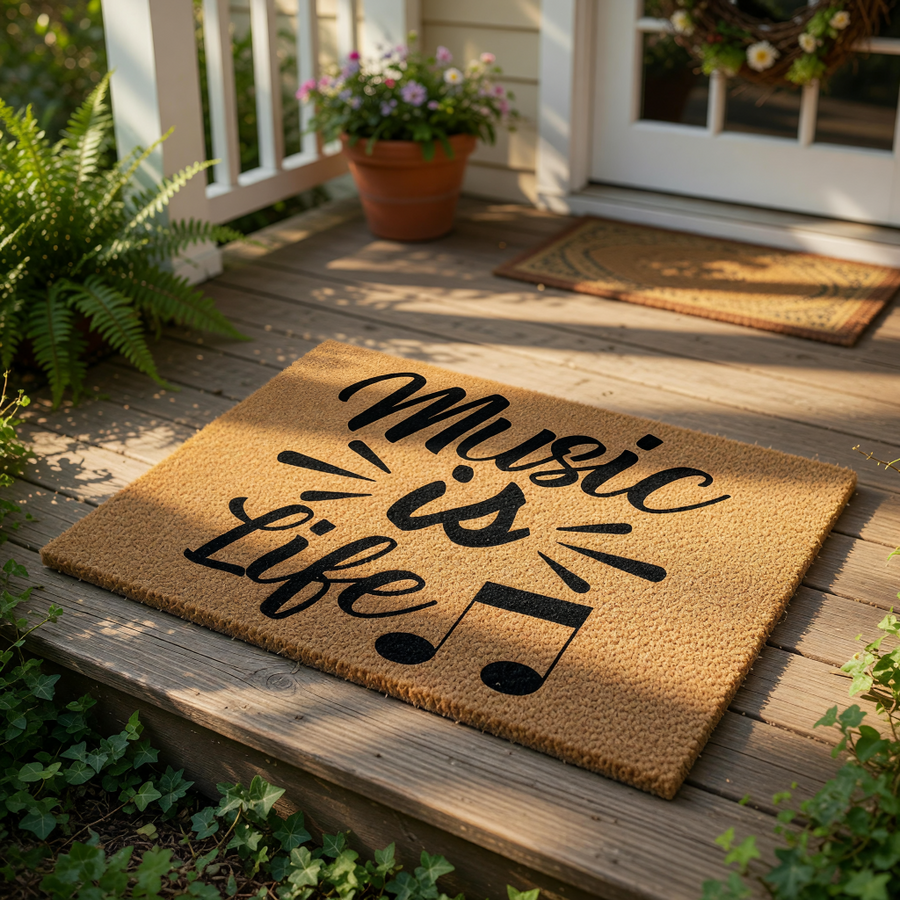 Music is Life coir doormat featuring black script text and musical note icons on a natural fiber welcome mat, perfect for a musician home entrance, front porch decor, or a unique housewarming floor rug for music lovers.