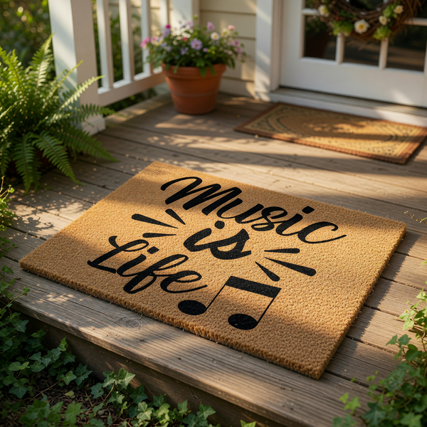 Music is Life coir doormat featuring black script text and musical note icons on a natural fiber welcome mat, perfect for a musician home entrance, front porch decor, or a unique housewarming floor rug for music lovers.