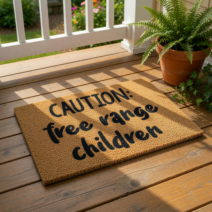 Funny free range children doormat with bold black text on a natural coir fiber mat, this humorous outdoor welcome mat is a durable front porch rug that makes a playful statement for any family home entrance or entryway decor.
