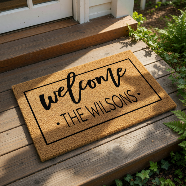 Personalized family name welcome doormat featuring a natural coir fiber texture with a black rectangular border, script welcome text, and custom last name lettering for a stylish front porch entry decor and housewarming entrance