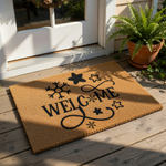 Winter welcome doormat with snowflake and star design on natural coir fiber, featuring a festive holiday entry rug for your front porch decor that adds a cozy seasonal touch to your home entrance during the cold winter months.