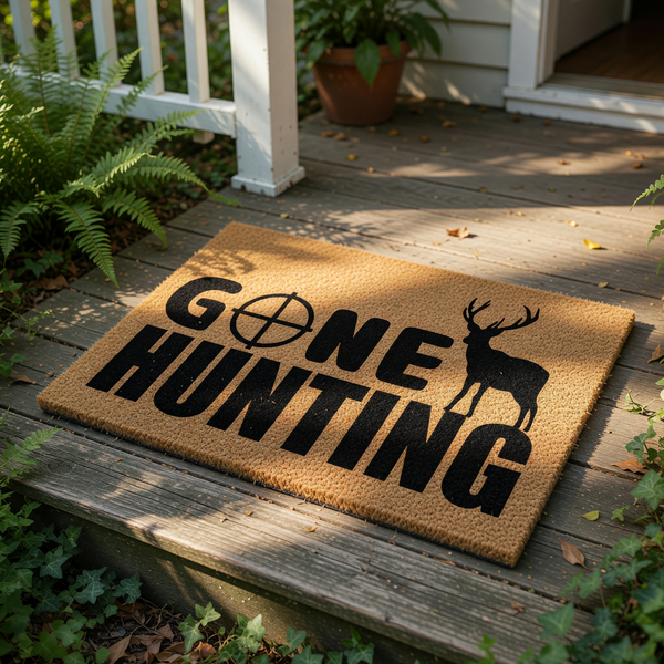 Gone Hunting coir doormat featuring a black silhouette of a deer and a crosshair target design, this durable outdoor welcome mat is a rustic floor rug for hunters, cabin decor, or a front porch entrance for outdoor enthusiasts.