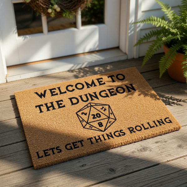 Welcome to the Dungeon doormat featuring a twenty-sided die graphic, this funny gaming welcome mat is made of natural coir fiber and is a great front porch decor piece for tabletop roleplaying game fans and fantasy board game