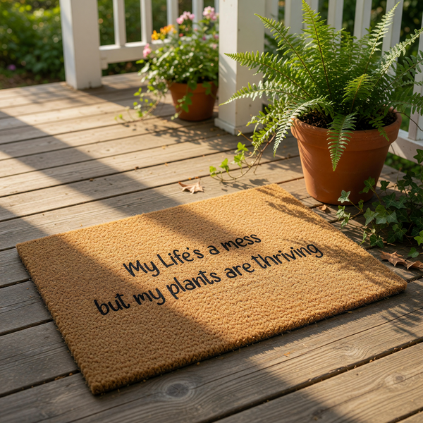Funny plant lover doormat with the text My Life's a mess but my plants are thriving, featuring a natural coir fiber welcome mat design that is perfect for indoor or outdoor entryway decor for any gardener or houseplant enthusiast.