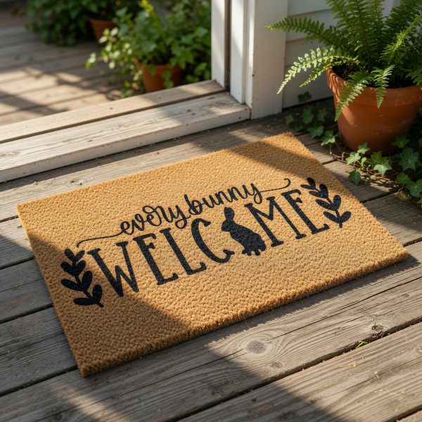 Every bunny welcome doormat featuring a cute rabbit silhouette and black text on natural coir fiber, this spring porch welcome mat is a decorative outdoor floor rug for your front door entry, patio, or home entryway decor.