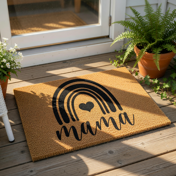 Mama rainbow doormat featuring a black heart design on natural coir fiber, this stylish front porch welcome mat is a perfect home decor accent for a mother, placed on a wood deck near potted plants and a glass door entrance.