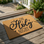 Holy Night Christmas doormat featuring black script text on a natural coir fiber mat, this festive holiday welcome mat adds seasonal cheer to your front porch decor with its durable outdoor rug design and charming star accents.