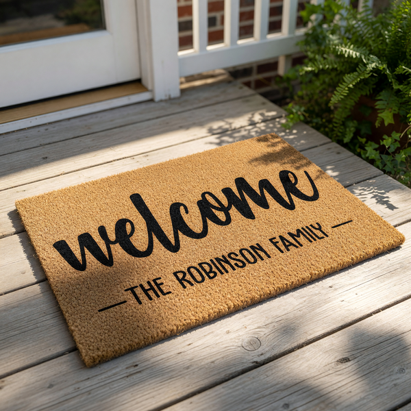 Personalized family name welcome doormat made of natural coir fiber, featuring a stylish script font for the word welcome and custom text for a last name, perfect for a front porch entry or housewarming decor for any home.
