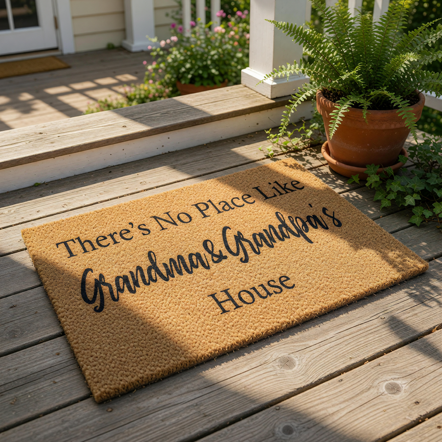 Grandma and Grandpa house doormat, a natural fiber welcome mat for the front porch featuring black text on a tan background, perfect for a home entrance or entryway decor for grandparents who love their family and visitors.