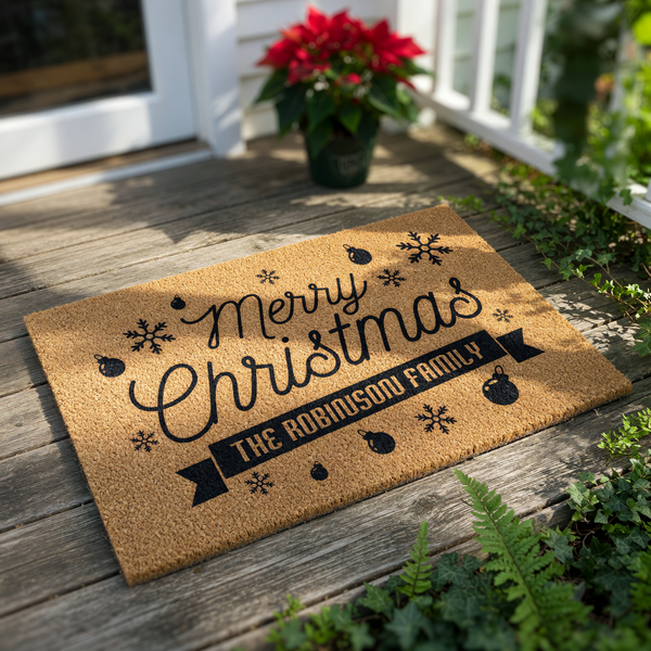 Personalized Merry Christmas doormat featuring a natural coir fiber texture with black holiday ornaments and snowflake designs, perfect for a custom family name front porch welcome mat during the winter festive holiday season.