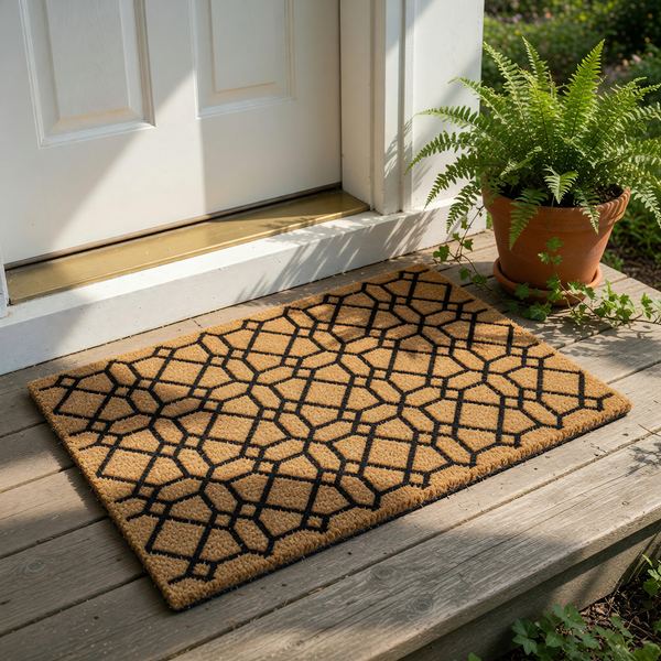 Geometric pattern coir doormat featuring a natural tan fiber texture with a bold black lattice design, placed on a front porch wood deck as a stylish outdoor welcome mat for home entryway decor and modern house entrance floor