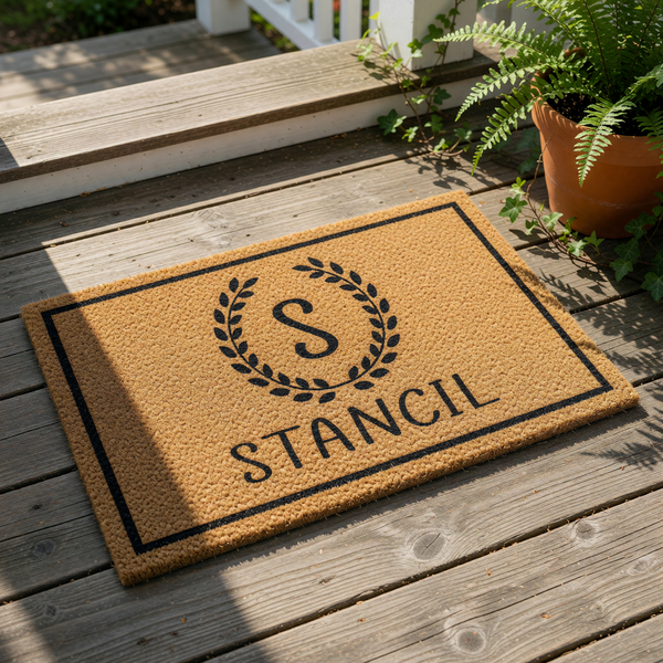 Personalized monogram doormat with a natural coir fiber texture, featuring a black laurel wreath design around a custom initial and family name, making a stylish front porch welcome mat for housewarming or home decor entryways.