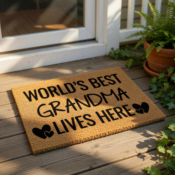 World's Best Grandma Lives Here coir doormat with black text and heart icons, a natural fiber welcome mat for front porch decor that makes a thoughtful housewarming present for a grandmother who loves her home and family.