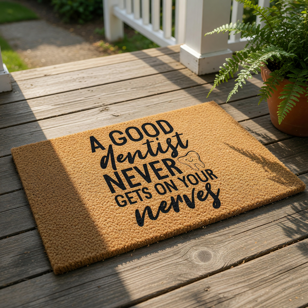 Funny Dentist Doormat with a clever dental pun, featuring a natural coir welcome mat with black text that reads A Good Dentist Never Gets On Your Nerves, making a humorous office decor gift for a dental hygienist or tooth doctor.