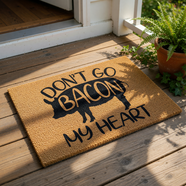 Funny pig doormat with the text Don't Go Bacon My Heart, featuring a black pig silhouette on a natural coir fiber welcome mat, perfect for farmhouse porch decor, kitchen entryways, or as a humorous housewarming gift for pig