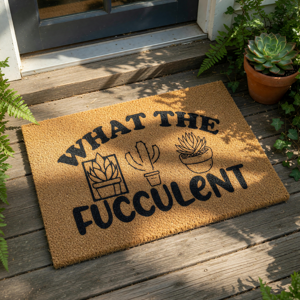 Funny cactus doormat with the text What The Fucculent and illustrations of potted succulents, this natural coir fiber welcome mat is a humorous outdoor rug for plant lovers and home decor enthusiasts looking for a witty entryway