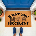 Funny succulent doormat with a punny quote and cactus illustrations, featuring a natural coir welcome mat placed at a blue front door entrance, perfect for plant lovers seeking humorous home decor and unique outdoor floor mats.