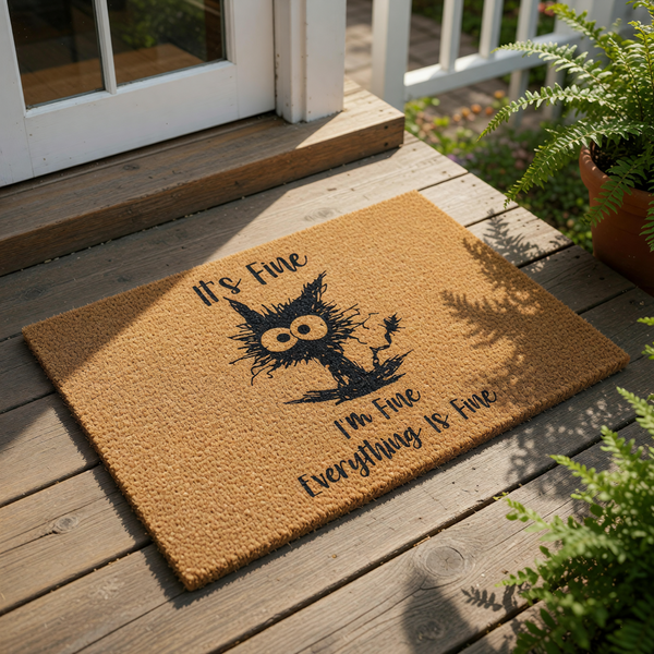 Funny cat doormat with a messy black cat illustration and the text It's Fine I'm Fine Everything Is Fine, this natural coir welcome mat is a humorous outdoor floor rug for your front porch entry decor and home entrance.