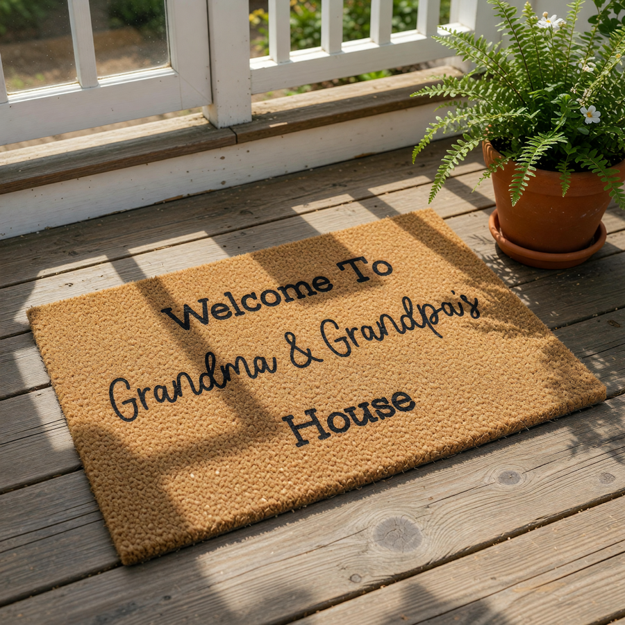 Grandma and Grandpa welcome doormat featuring natural coir fiber texture with black printed text that reads Welcome To Grandma and Grandpa's House, a durable outdoor floor mat for a front porch or entryway home decor.